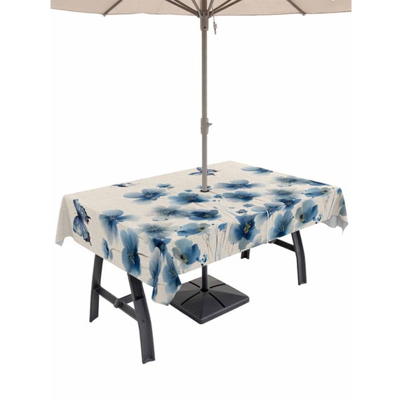 Outdoor Tablecloth with Umbrella Hole for Patio/Picnic/Party/Camping, Navy Blue Floral Waterproof Table Cloth Rectangle Table Cover Washable, Spring Flowers Rustic Butterfly (60"x 84")