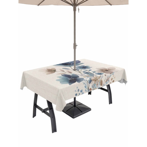 Outdoor Tablecloth with Umbrella Hole for Patio/Picnic/Party/Camping, Navy Blue Floral Waterproof Table Cloth Rectangle Table Cover Washable, Watercolor Flowers Farmhouse Linen (52"x 70")