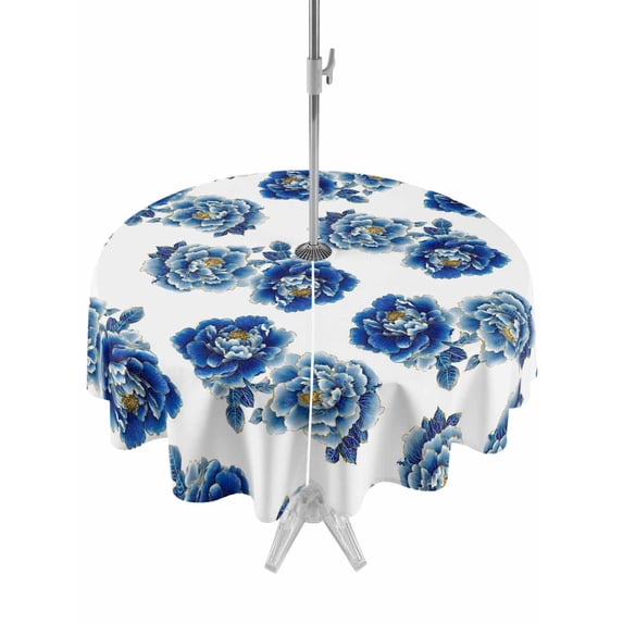 Outdoor Tablecloth with Umbrella Hole for Patio/Picnic/Party/Camping, Navy Blue Flower Waterproof Table Cloth Round Cover Washable, Indigo Blue Summer Botanical Farmhouse (Dia 60")