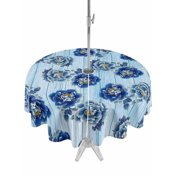 Outdoor Tablecloth with Umbrella Hole for Patio/Picnic/Party/Camping, Navy Blue Flowers Waterproof Table Cloth Round Cover Washable, Sky Blue Summer Rustic Wood Grain (Dia 60")