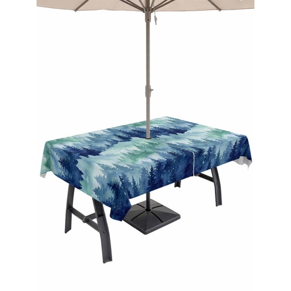 Outdoor Tablecloth with Umbrella Hole for Patio/Picnic/Party/Camping, Navy Blue Forest Waterproof Table Cloth Rectangle Table Cover Washable, Blue Ombre Trees Abstract Art (52"x 70")