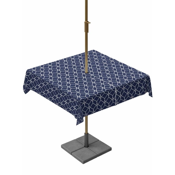 Outdoor Tablecloth with Umbrella Hole for Patio/Picnic/Party/Camping, Navy Blue Geometric Waterproof Table Cloth Square Cover Washable, Modern Abstract Blocks Lines (54"x 54")
