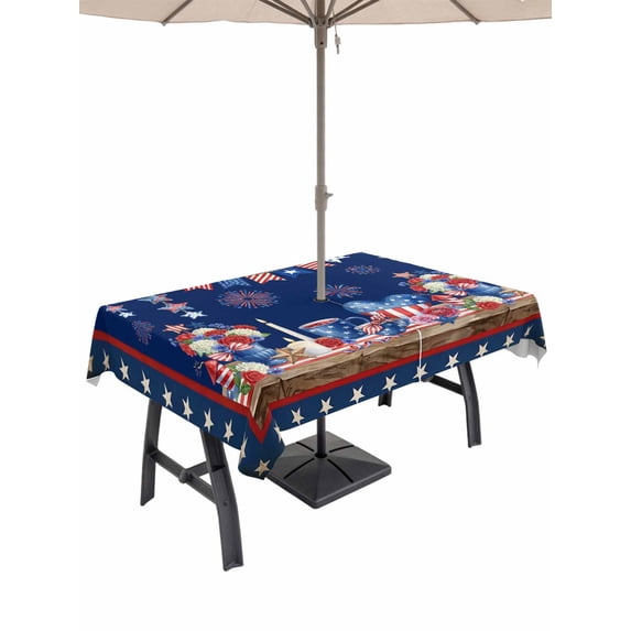Outdoor Tablecloth with Umbrella Hole for Patio/Picnic/Party/Camping, Navy Blue Independence Day Waterproof Table Cloth Rectangle Table Cover Washable, American Flag Star Floral (60"x 102")