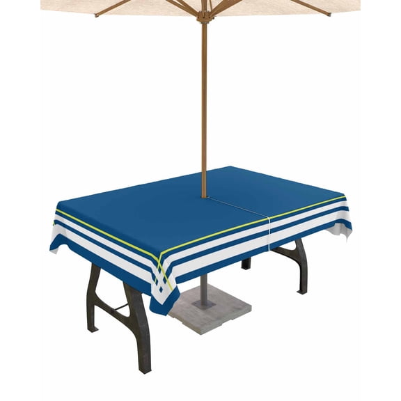 Outdoor Tablecloth with Umbrella Hole for Patio/Picnic/Party/Camping, Navy Blue Line Waterproof Table Cloth Rectangle Table Cover Washable, Farmhouse Simple Blue Striped 60"x 120"