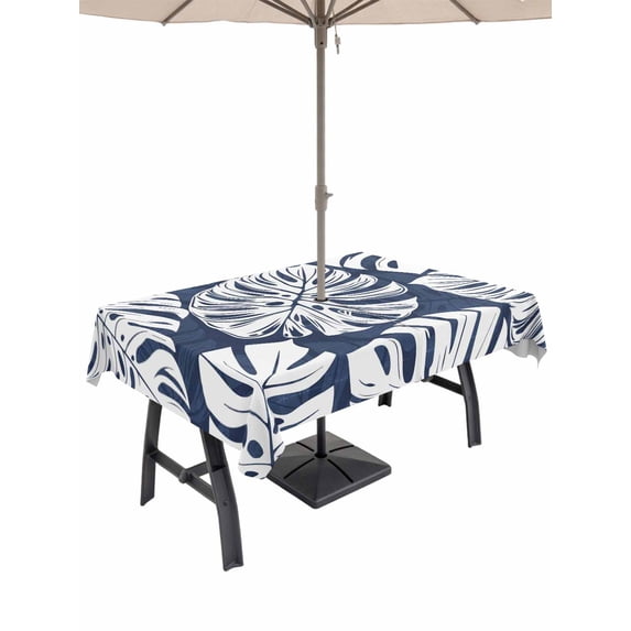 Outdoor Tablecloth with Umbrella Hole for Patio/Picnic/Party/Camping, Navy Blue Monstera Deliciosa Waterproof Table Cloth Rectangle Table Cover Washable, Tropical Summer Botanical (54"x 80")