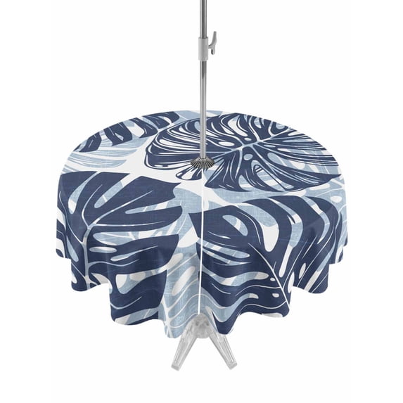 Outdoor Tablecloth with Umbrella Hole for Patio/Picnic/Party/Camping, Navy Blue Monstera Deliciosa Waterproof Table Cloth Round Cover Washable, Summer Botanical Tropical (Dia 54")