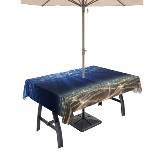 Outdoor Tablecloth with Umbrella Hole for Patio/Picnic/Party/Camping, Navy Blue Ocean Waves Waterproof Table Cloth Rectangle Table Cover Washable, Summer Beach Coastal Abstract (54"x 80")