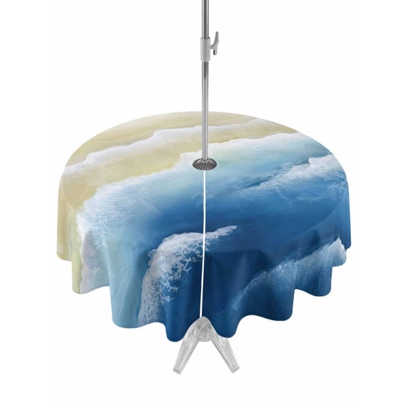 Outdoor Tablecloth with Umbrella Hole for Patio/Picnic/Party/Camping, Navy Blue Ombre Beach Waterproof Table Cloth Round Cover Washable, Summer Ocean Coastal Gradient Waves (Dia 60")
