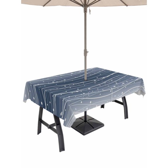 Outdoor Tablecloth with Umbrella Hole for Patio/Picnic/Party/Camping, Navy Blue Ombre Waterproof Table Cloth Rectangle Table Cover Washable, Modern Abstract Striped Polka Dots (60"x 84")