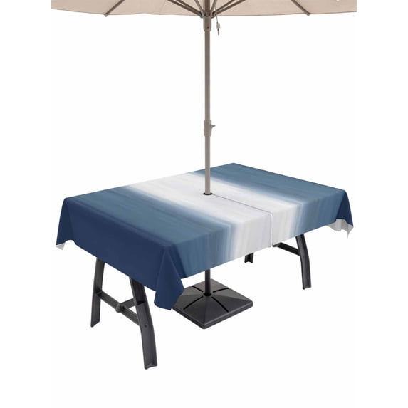 Outdoor Tablecloth with Umbrella Hole for Patio/Picnic/Party/Camping, Navy Blue Ombre Waterproof Table Cloth Rectangle Table Cover Washable, Vintage Blue Gradient Stripes Geometric (52"x 70")