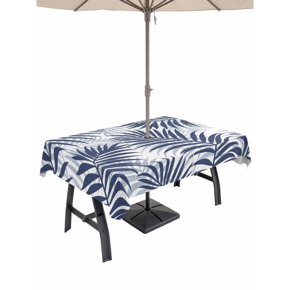 Outdoor Tablecloth with Umbrella Hole for Patio/Picnic/Party/Camping, Navy Blue Palm Leaves Waterproof Table Cloth Rectangle Table Cover Washable, Summer Botanical Tropical Plants (60"x 102")