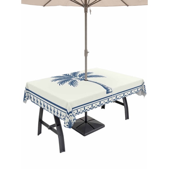 Outdoor Tablecloth with Umbrella Hole for Patio/Picnic/Party/Camping, Navy Blue Palm Tree Waterproof Table Cloth Rectangle Table Cover Washable, Summer Tropical Plants Leaves (60"x 84")