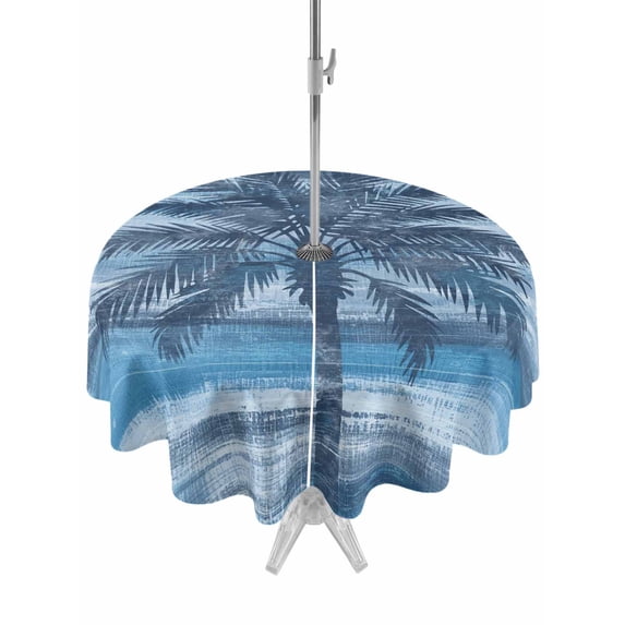Outdoor Tablecloth with Umbrella Hole for Patio/Picnic/Party/Camping, Navy Blue Palm Tree Waterproof Table Cloth Round Cover Washable, Coastal Tropical Trees Vintage Summer (Dia 54")