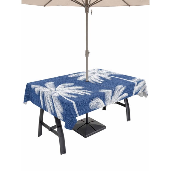 Outdoor Tablecloth with Umbrella Hole for Patio/Picnic/Party/Camping, Navy Blue Palm Trees Waterproof Table Cloth Rectangle Table Cover Washable, Farmhouse Tropical Summer Beach (54"x 80")