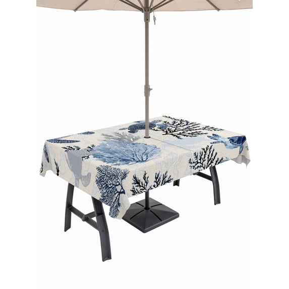 Outdoor Tablecloth with Umbrella Hole for Patio/Picnic/Party/Camping, Navy Blue Sea Turtle Coastal Waterproof Table Cloth Rectangle Table Cover Washable, Beach Black Coral Nautical Rustic (52"x 70")