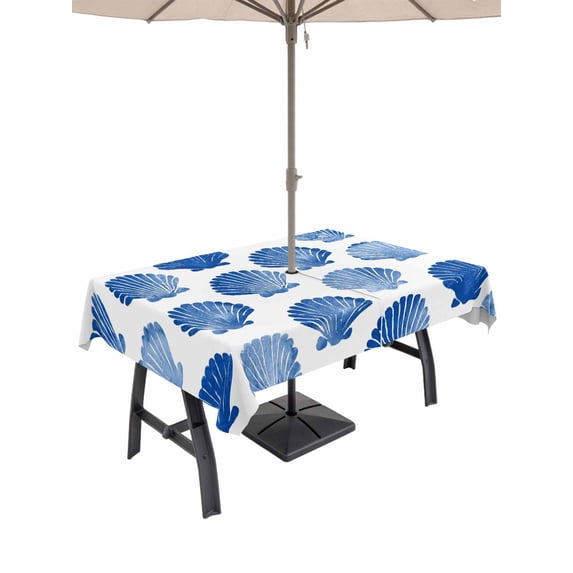 Outdoor Tablecloth with Umbrella Hole for Patio/Picnic/Party/Camping, Navy Blue Shell Coastal Waterproof Table Cloth Rectangle Table Cover Washable, Summer Beach Ocean Conch (60"x 120")
