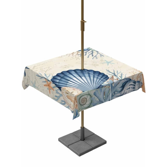 Outdoor Tablecloth with Umbrella Hole for Patio/Picnic/Party/Camping, Navy Blue Shell Coastal Waterproof Table Cloth Square Cover Washable, Beige Starfish Coral Summer Beach (60"x 60")