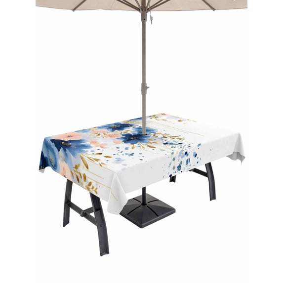 Outdoor Tablecloth with Umbrella Hole for Patio/Picnic/Party/Camping, Navy Blue Spring Floral Waterproof Table Cloth Rectangle Table Cover Washable, Farmhouse Butterfly (52"x 70")