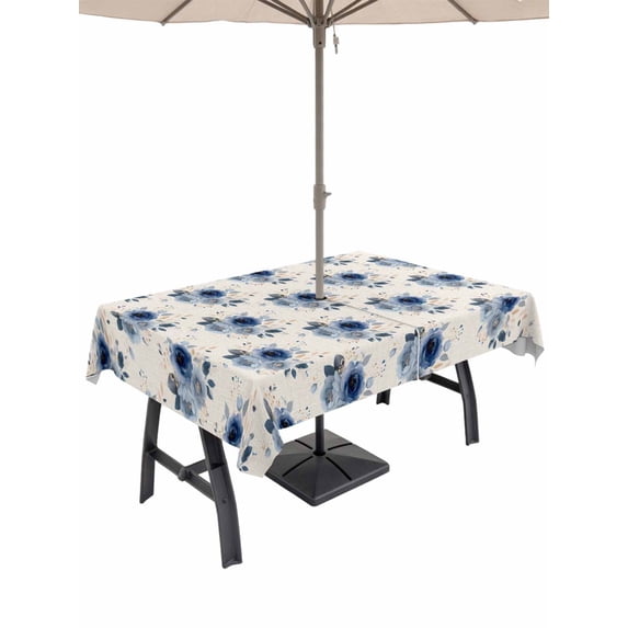 Outdoor Tablecloth with Umbrella Hole for Patio/Picnic/Party/Camping, Navy Blue Spring Floral Waterproof Table Cloth Rectangle Table Cover Washable, Farmhouse Flowers Modern Art (60"x 102")