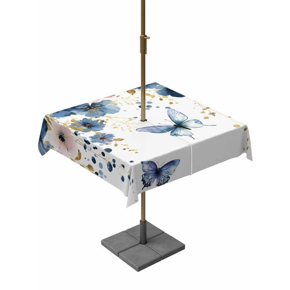 Outdoor Tablecloth with Umbrella Hole for Patio/Picnic/Party/Camping, Navy Blue Spring Floral Waterproof Table Cloth Square Cover Washable, Farmhouse Butterfly Watercolor (54"x 54")