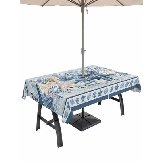 Outdoor Tablecloth with Umbrella Hole for Patio/Picnic/Party/Camping, Navy Blue Starfish Coastal Waterproof Table Cloth Rectangle Table Cover Washable, Beach Coral Botanical Nautical (60"x 84")