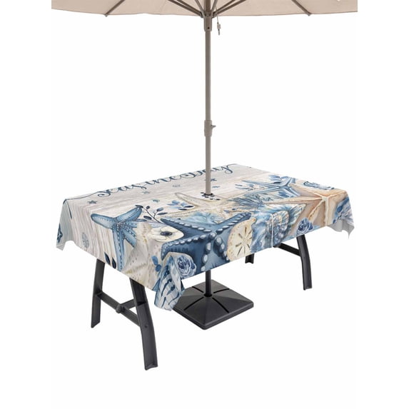 Outdoor Tablecloth with Umbrella Hole for Patio/Picnic/Party/Camping, Navy Blue Starfish Coastal Waterproof Table Cloth Rectangle Table Cover Washable, Vintage Nautical Summer Coral Shell (60"x 84")