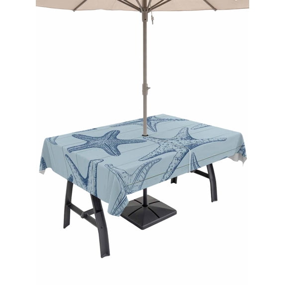 Outdoor Tablecloth with Umbrella Hole for Patio/Picnic/Party/Camping, Navy Blue Starfish Waterproof Table Cloth Rectangle Table Cover Washable, Coastal Ocean Summer Sea Nautical (60"x 102")