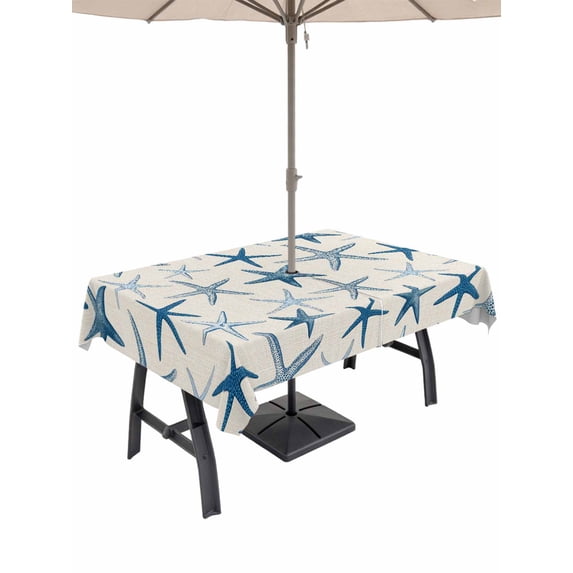 Outdoor Tablecloth with Umbrella Hole for Patio/Picnic/Party/Camping, Navy Blue Starfish Waterproof Table Cloth Rectangle Table Cover Washable, Coastal Summer Beach Ocean Rustic (60"x 120")