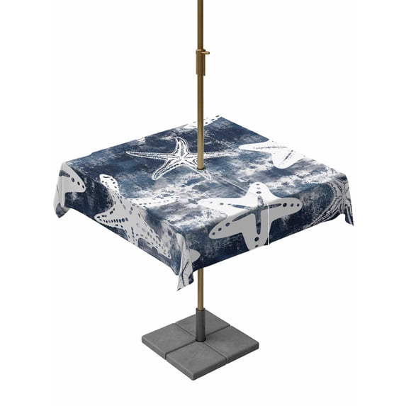 Outdoor Tablecloth with Umbrella Hole for Patio/Picnic/Party/Camping, Navy Blue Starfish Waterproof Table Cloth Square Cover Washable, Summer Coastal Modern Ocean (54"x 54")