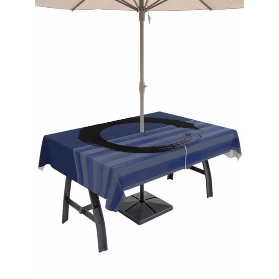 Outdoor Tablecloth with Umbrella Hole for Patio/Picnic/Party/Camping, Navy Blue Striped Waterproof Table Cloth Rectangle Table Cover Washable, Black Geometric Vintage Stripes Ombre (54"x 80")
