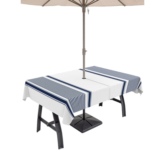 Outdoor Tablecloth with Umbrella Hole for Patio/Picnic/Party/Camping, Navy Blue Striped Waterproof Table Cloth Rectangle Table Cover Washable, Farmhouse Thin Vertical Stripes Modern (60"x 84")