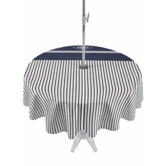 Outdoor Tablecloth with Umbrella Hole for Patio/Picnic/Party/Camping, Navy Blue Striped Waterproof Table Cloth Round Cover Washable, Contemporary Geometric Art Rustic (Dia 60")
