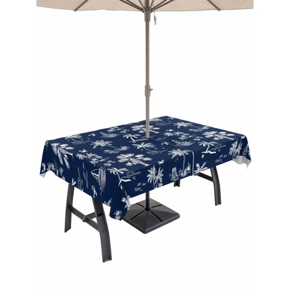 Outdoor Tablecloth with Umbrella Hole for Patio/Picnic/Party/Camping, Navy Blue Tropical Plant Waterproof Table Cloth Rectangle Table Cover Washable, Summer Coconut Trees Coastal (60"x 84")