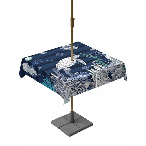 Outdoor Tablecloth with Umbrella Hole for Patio/Picnic/Party/Camping, Navy Blue Turtle Coastal Waterproof Table Cloth Square Cover Washable, Nautical Summer Beach Coral Jellyfish (54"x 54")