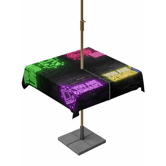Outdoor Tablecloth with Umbrella Hole for Patio/Picnic/Party/Camping, Neon Video Game Waterproof Table Cloth Square Cover Washable, Cartoon Funny Colorful Text Gaming Brick (54"x 54")