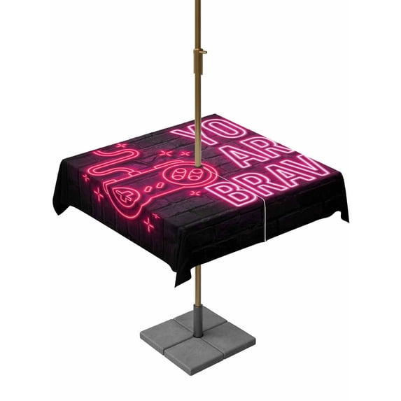 Outdoor Tablecloth with Umbrella Hole for Patio/Picnic/Party/Camping, Neon Video Game Waterproof Table Cloth Square Cover Washable, Pink Text Graffiti Brick Art Black (54"x 54")