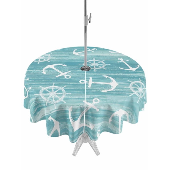 Outdoor Tablecloth with Umbrella Hole for Patio/Picnic/Party/Camping, Ocean Anchors Rudder Waterproof Table Cloth Round Cover Washable, Nautical Coastal Simple Turquoise (Dia 54")