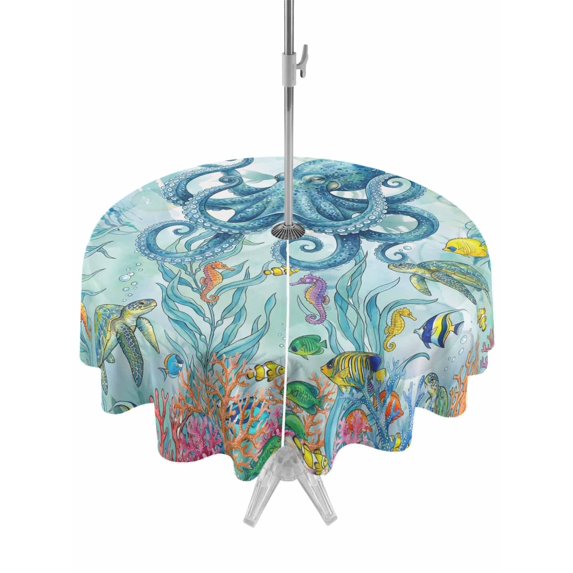 Outdoor Tablecloth with Umbrella Hole for Patio/Picnic/Party/Camping, Ocean Animals Waterproof Table Cloth Round Cover Washable, Coastal Octopus Jellyfish Seaweed Coral Green (Dia 60")