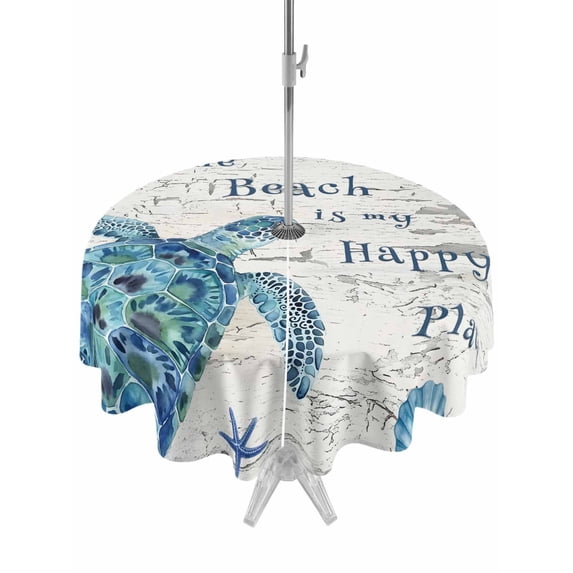 Outdoor Tablecloth with Umbrella Hole for Patio/Picnic/Party/Camping, Ocean Beach Waterproof Table Cloth Round Cover Washable, Summer Sea Turtle Coral Shells Wooden Beige (Dia 60")