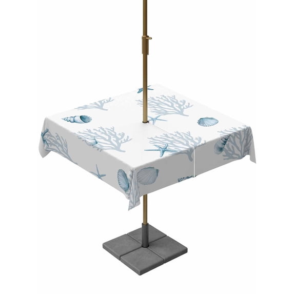 Outdoor Tablecloth with Umbrella Hole for Patio/Picnic/Party/Camping, Ocean Blue Coral Waterproof Table Cloth Square Cover Washable, Summer Coastal Starfish Conch Nautical (54"x 54")