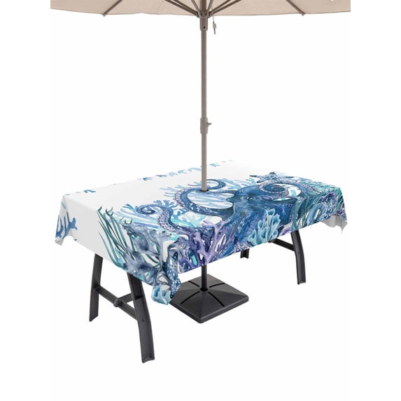 Outdoor Tablecloth with Umbrella Hole for Patio/Picnic/Party/Camping, Ocean Blue Octopus Waterproof Table Cloth Rectangle Table Cover Washable, Coastal Coral Beach Nautical Starfish (60"x 84")