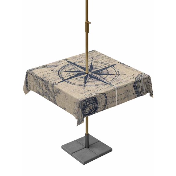 Outdoor Tablecloth with Umbrella Hole for Patio/Picnic/Party/Camping, Ocean Compass Waterproof Table Cloth Square Cover Washable, Vintage Coastal Starfish Shell Conch Beige (60"x 60")