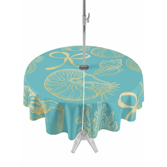 Outdoor Tablecloth with Umbrella Hole for Patio/Picnic/Party/Camping, Ocean Conch Shell Waterproof Table Cloth Round Cover Washable, Coastal Seahorse Coral Bows Vintage Blue (Dia 54")