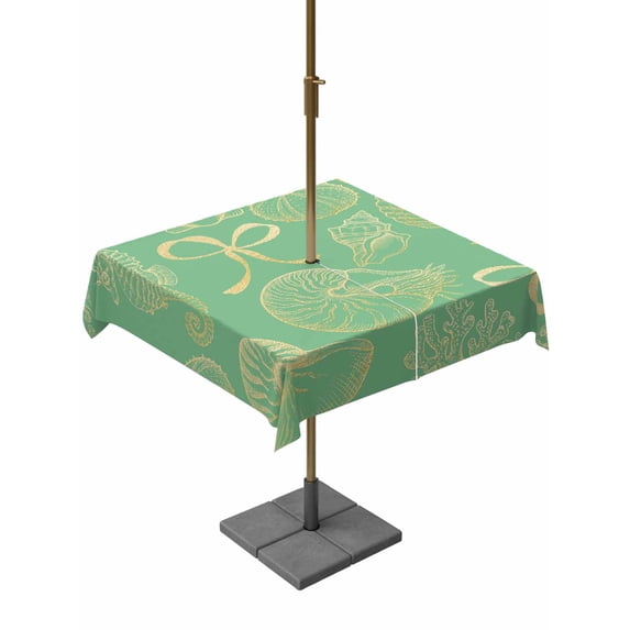 Outdoor Tablecloth with Umbrella Hole for Patio/Picnic/Party/Camping, Ocean Conch Shell Waterproof Table Cloth Square Cover Washable, Coastal Seahorse Coral Bows Vintage Green (54"x 54")