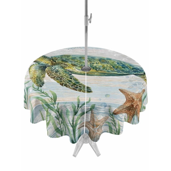 Outdoor Tablecloth with Umbrella Hole for Patio/Picnic/Party/Camping, Ocean Green Turtles Waterproof Table Cloth Round Cover Washable, Coastal Starfish Summer Nautical Seagrass (Dia 54")