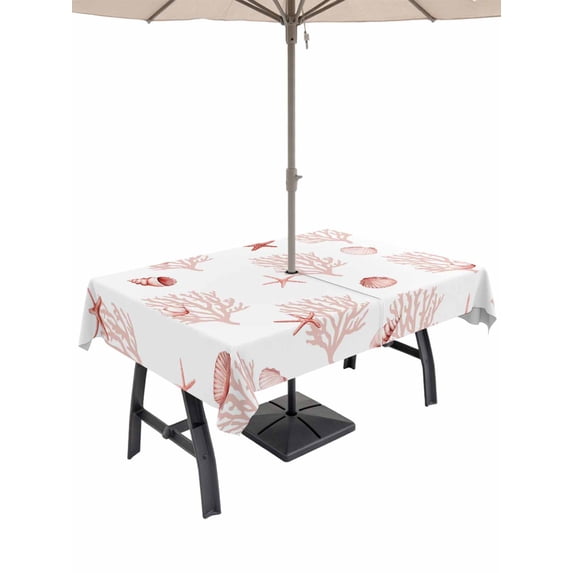 Outdoor Tablecloth with Umbrella Hole for Patio/Picnic/Party/Camping, Ocean Red Coral Waterproof Table Cloth Rectangle Table Cover Washable, Summer Coastal Starfish Conch Nautical (52"x 70")