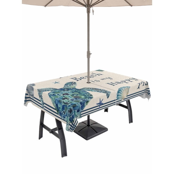 Outdoor Tablecloth with Umbrella Hole for Patio/Picnic/Party/Camping, Ocean Sea Turtle Waterproof Table Cloth Rectangle Table Cover Washable, Summer Coastal Shells Starfish Wooden Beige (52"x 70")