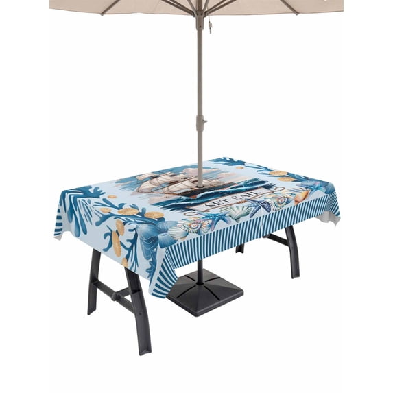 Outdoor Tablecloth with Umbrella Hole for Patio/Picnic/Party/Camping, Ocean Set Sail Waterproof Table Cloth Rectangle Table Cover Washable, Sailboat Sea Waves Blue Coral Starfish (52"x 70")