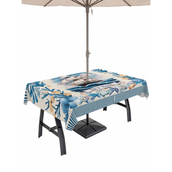 Outdoor Tablecloth with Umbrella Hole for Patio/Picnic/Party/Camping, Ocean Set Sail Waterproof Table Cloth Rectangle Table Cover Washable, Sailboat Sea Waves Blue Coral Starfish Beige (60"x 84")