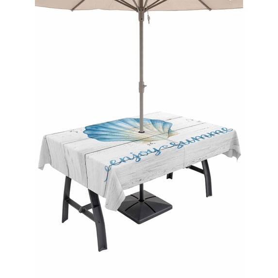 Outdoor Tablecloth with Umbrella Hole for Patio/Picnic/Party/Camping, Ocean Shell Waterproof Table Cloth Rectangle Table Cover Washable, Summer Coastal Marine Seashell Wooden Gray (60"x 120")